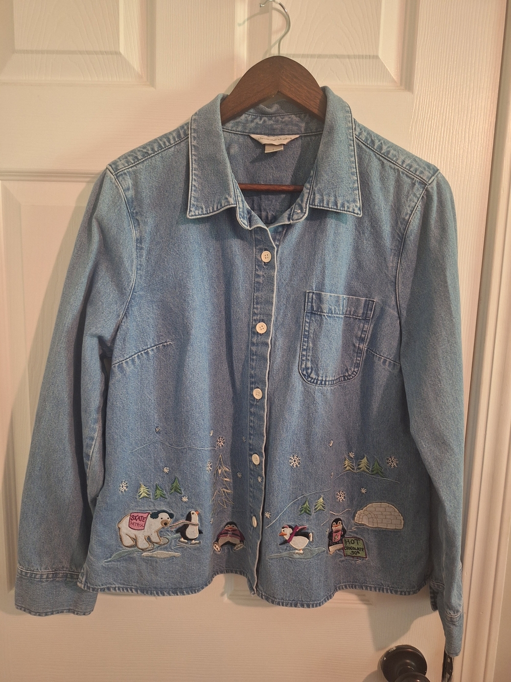 Vintage Christopher & Banks Denim Shirt – Winter Embroidery Theme